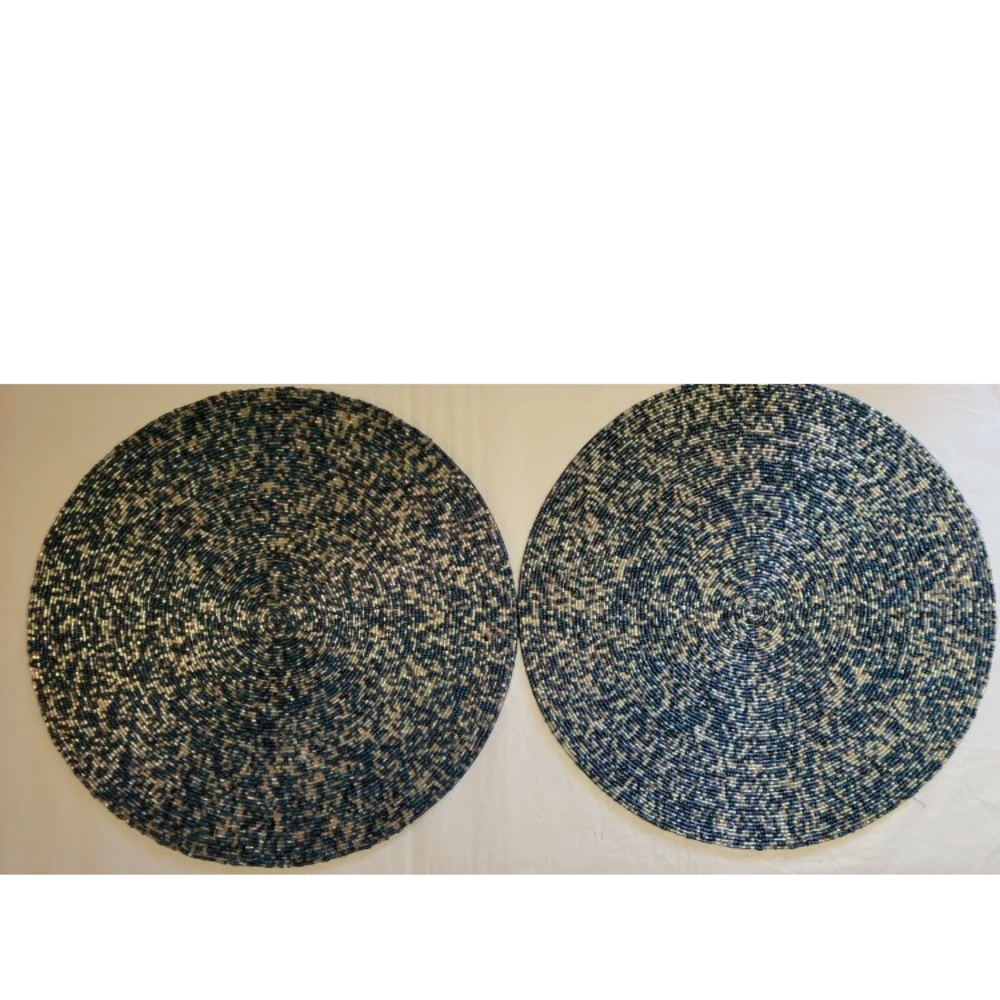 2x Coastal Collection Round Nautical Beaded Placemat Charger Blue Silver 15" set